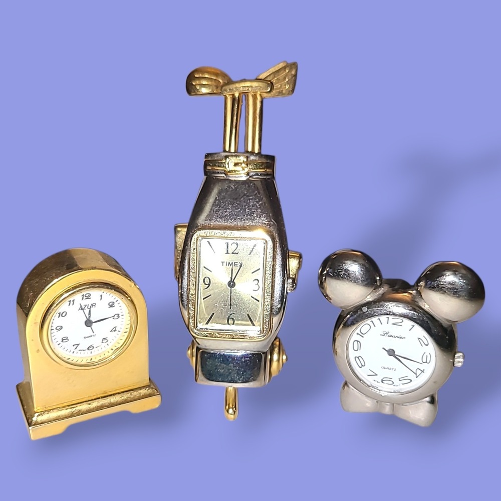 Vintage Miniature Desk Clock Lot Timex Golf Mickey Mouse Azur Quartz Japan‎